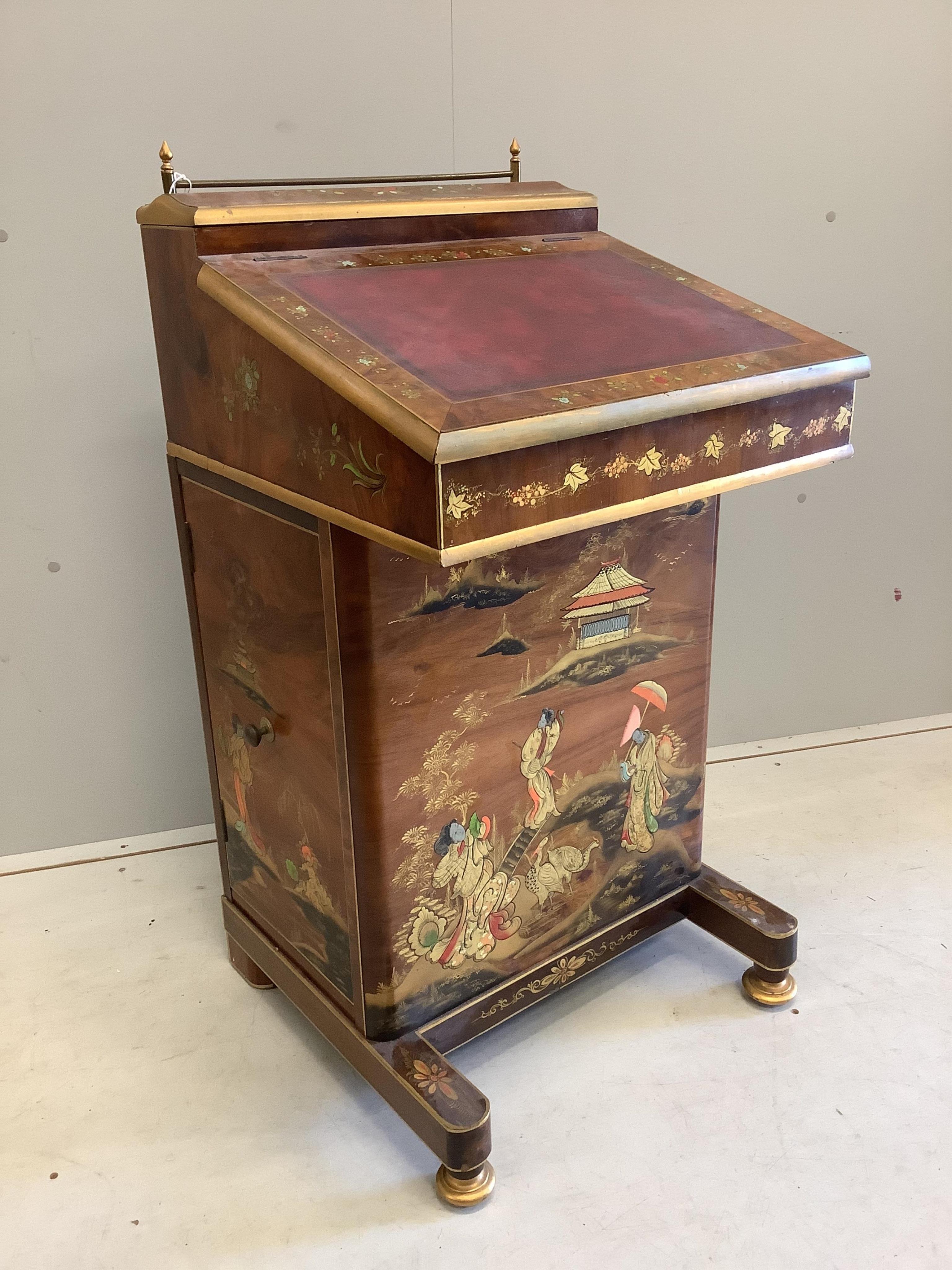 A reproduction chinoiserie lacquered Davenport, width 54cm, depth 52cm, height 98cm